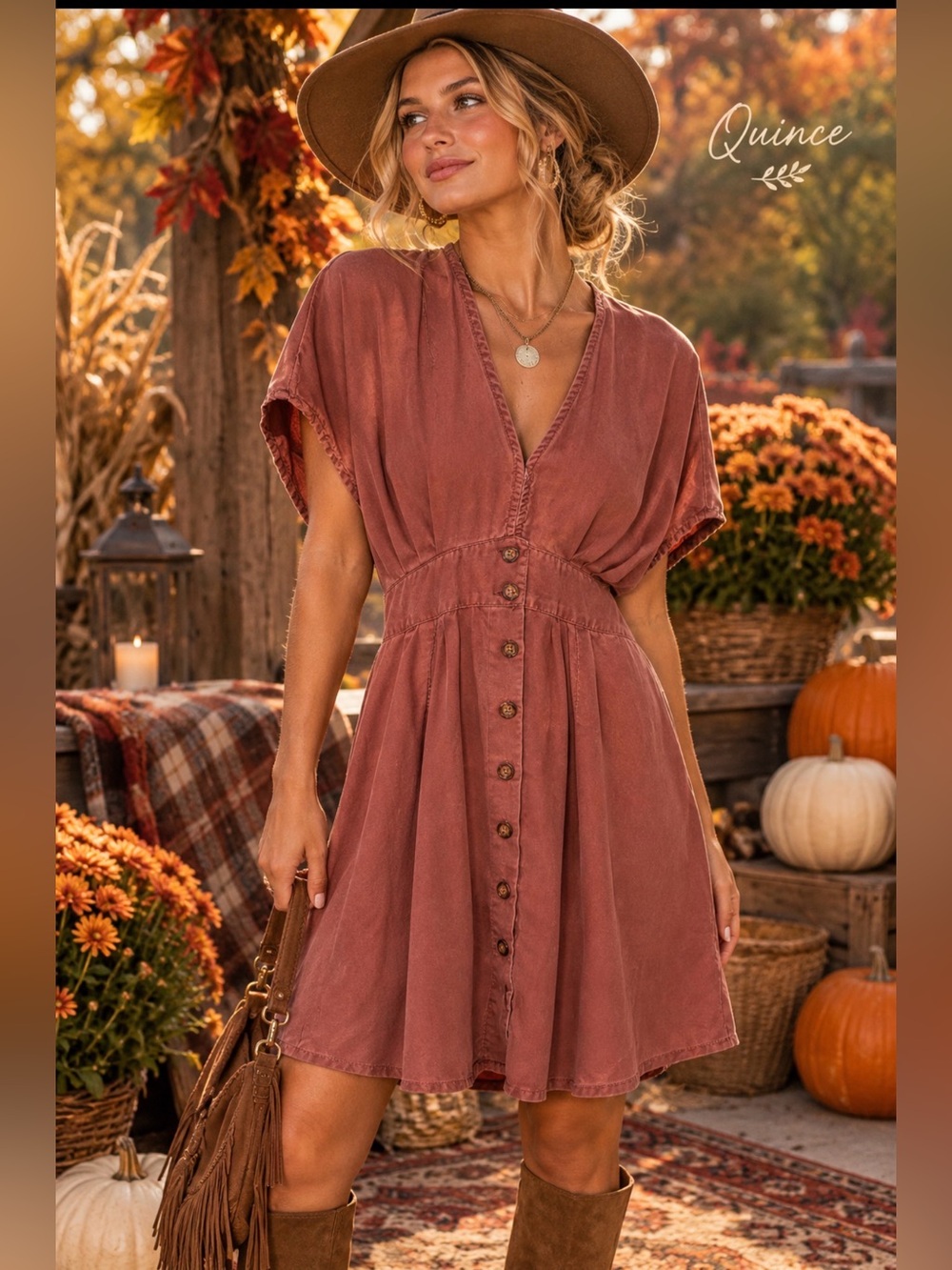 Quince Rosewood Button-Front V-Neck Women's Kimono Dress